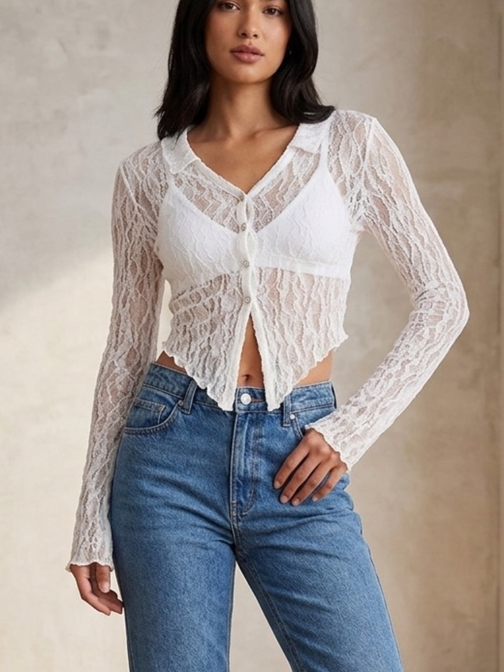 White Lace Long Sleeve Button Cardigan